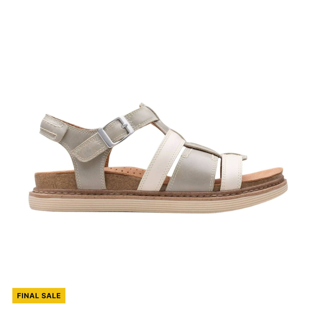Beige and white strappy sandal with a buckle closure and cork-look footbed; FINAL SALE label