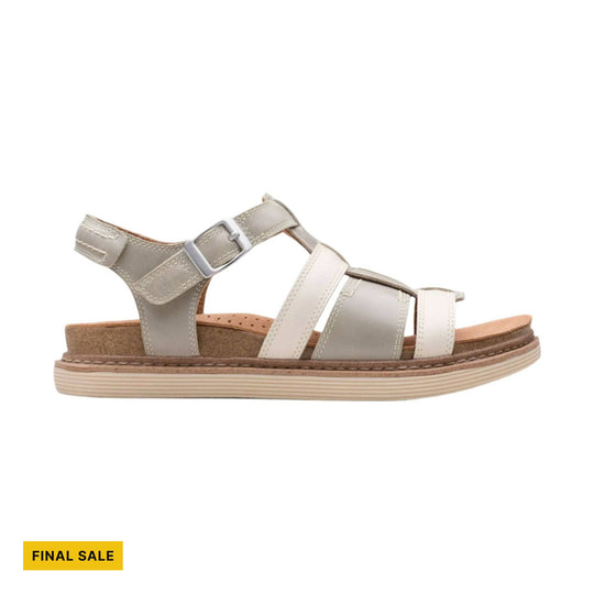 Beige and white strappy sandal with a buckle closure and cork-look footbed; FINAL SALE label