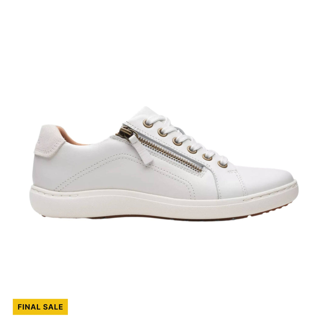 White low-top lace-up sneaker with side zipper and gold eyelets, marked FINAL SALE