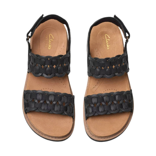 Black braided-strap sandal with tan footbed and ankle strap
