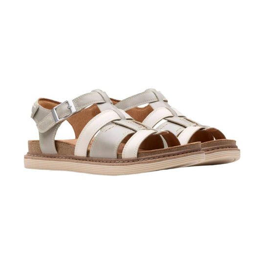 Beige strappy women's sandal with a buckle ankle strap and cork-style sole