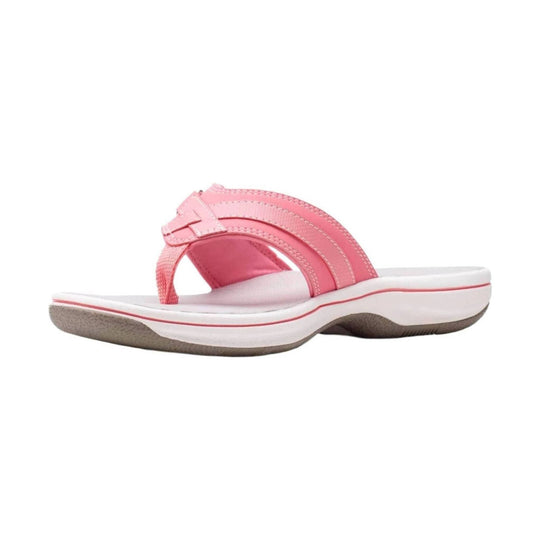 Pink women's thong sandal with a white cushioned sole