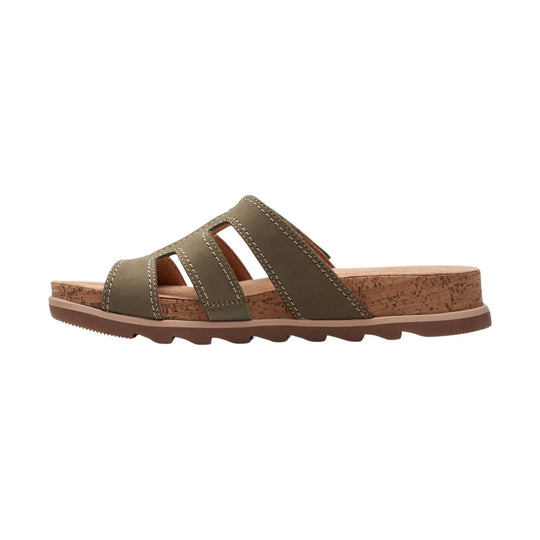 Olive and tan slip-on wedge sandal with cork-textured midsole and treaded brown outsole