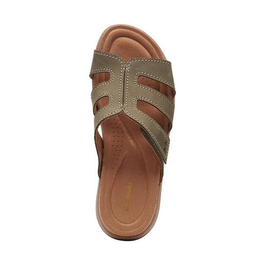 Top-view olive and brown women’s sandal with cutout straps and stitched detailing