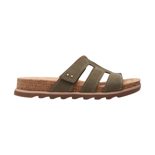 Olive slip-on wedge sandal with cork midsole and cutout strap detail