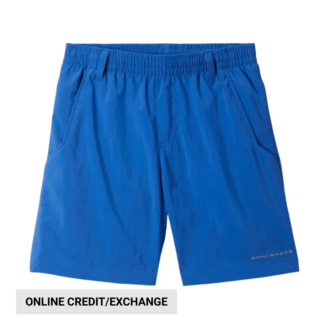 Blue boys' athletic shorts with an elastic waistband and side pockets