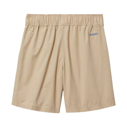 Beige elastic-waist boys' shorts with a small Columbia logo patch