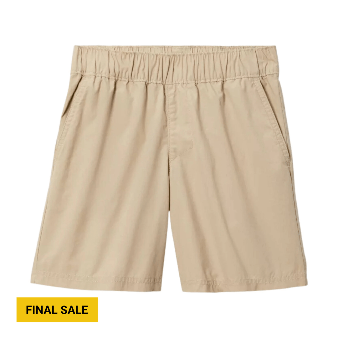 Beige elastic-waist cargo shorts with side pockets