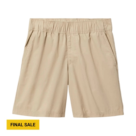 Beige elastic-waist cargo shorts with side pockets