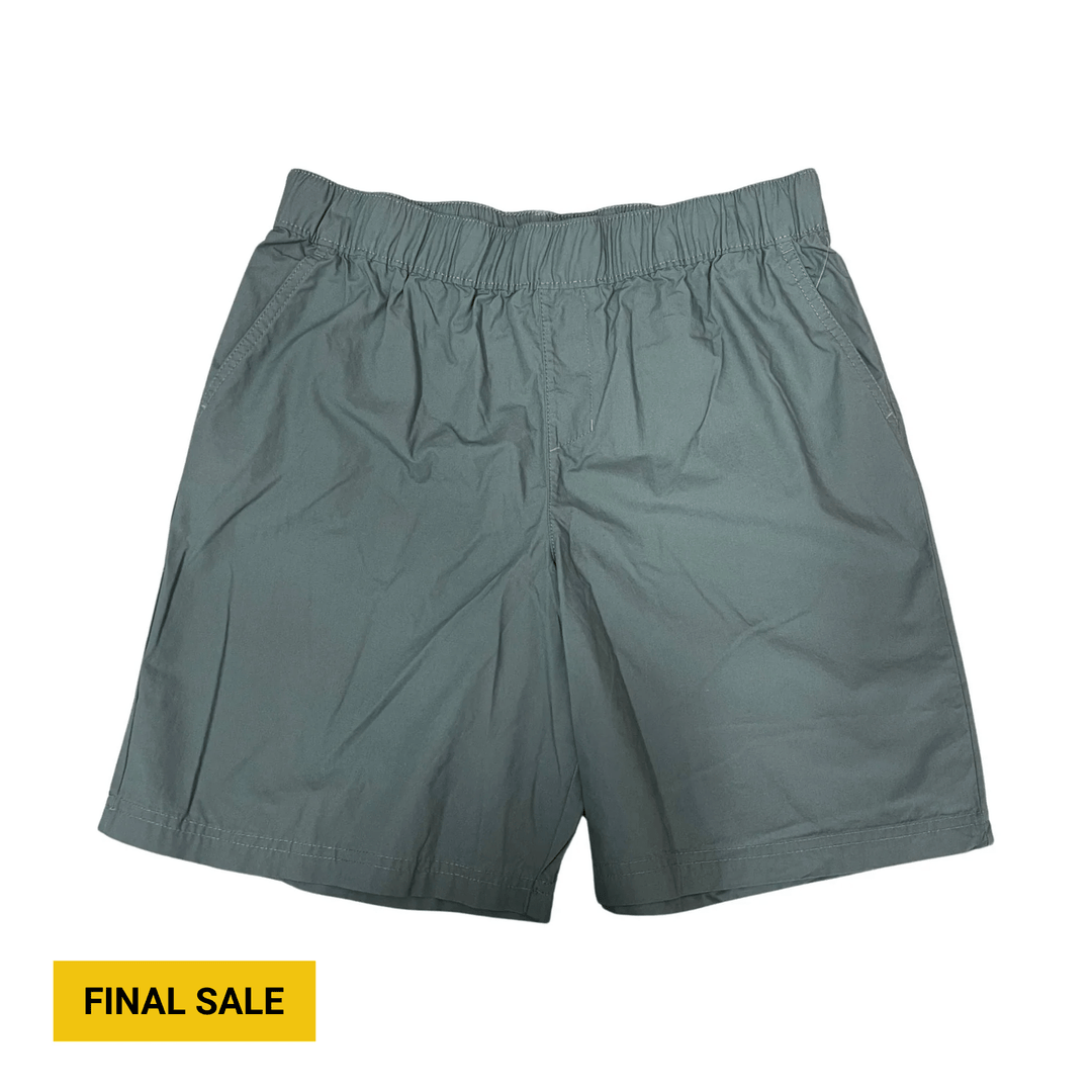 Gray-green elastic-waist shorts with a final sale label