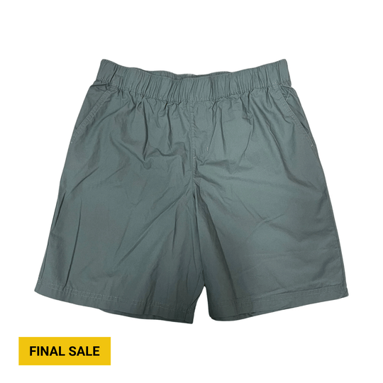 Gray-green elastic-waist shorts with a final sale label