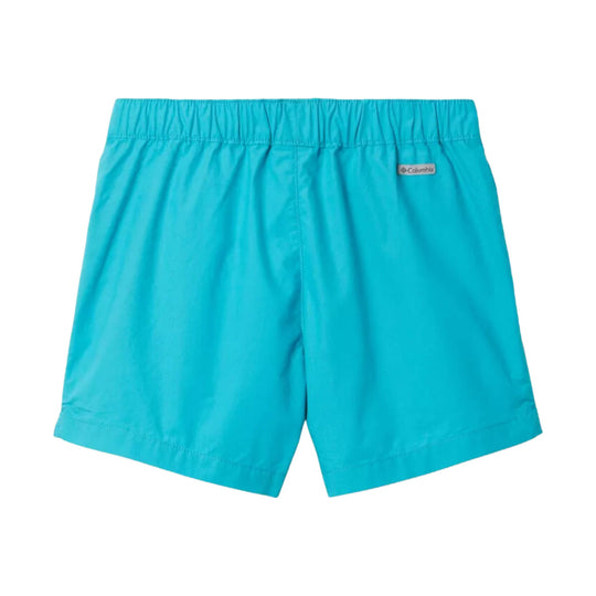 Bright turquoise elastic-waist shorts with a small Columbia logo patch