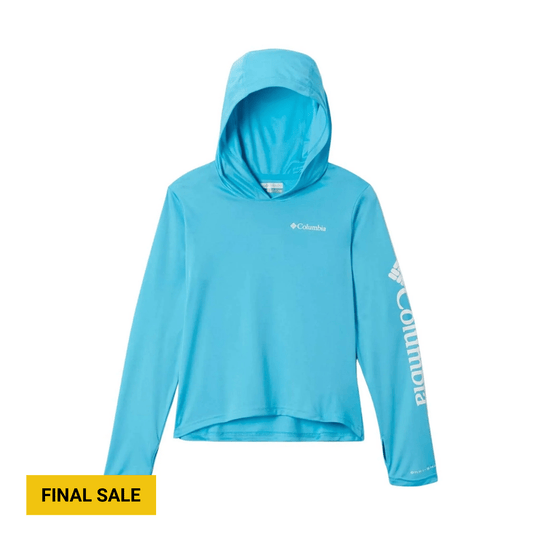Light blue hooded long-sleeve top with a front kangaroo pocket and Columbia logo on the chest and sleeve