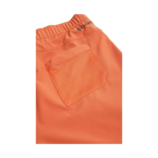 Orange athletic shorts with a mesh back pocket and Columbia logo on the waistband