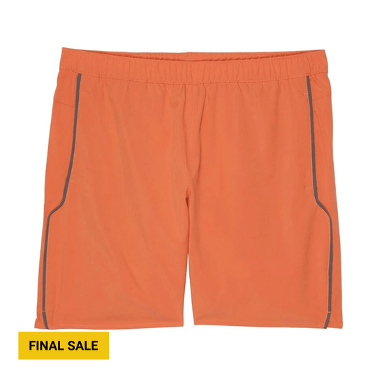 Orange athletic shorts with dark side piping and a "FINAL SALE" label