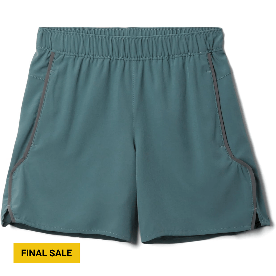 Teal athletic shorts with elastic waistband, dark side piping, and a yellow FINAL SALE tag