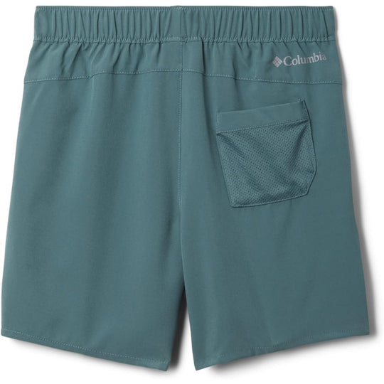 Teal kids' athletic shorts with elastic waistband, back pocket, and Columbia logo