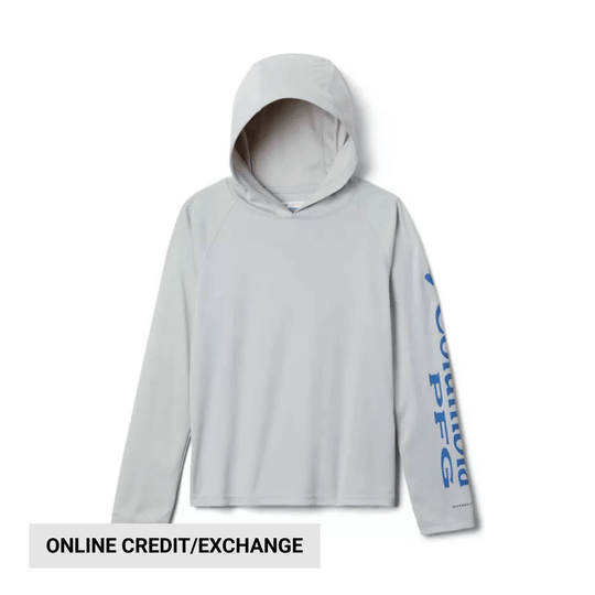 Light gray hooded long-sleeve top with blue sleeve lettering and an online credit/exchange banner