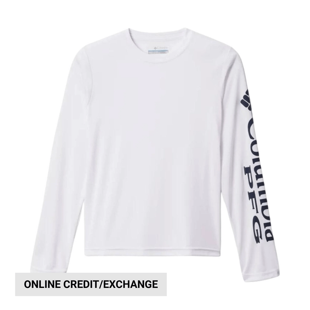 White long-sleeve crewneck shirt with navy logo text down one sleeve and an online credit/exchange banner