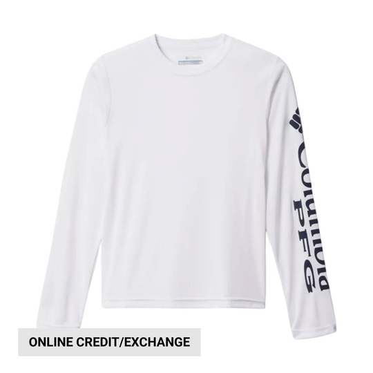 White long-sleeve crewneck shirt with navy logo text down one sleeve and an online credit/exchange banner
