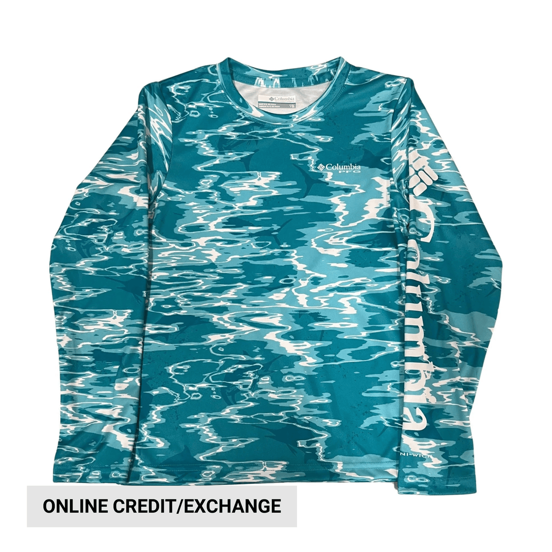 Blue patterned long-sleeve shirt with Columbia logo and "ONLINE CREDIT/EXCHANGE" text