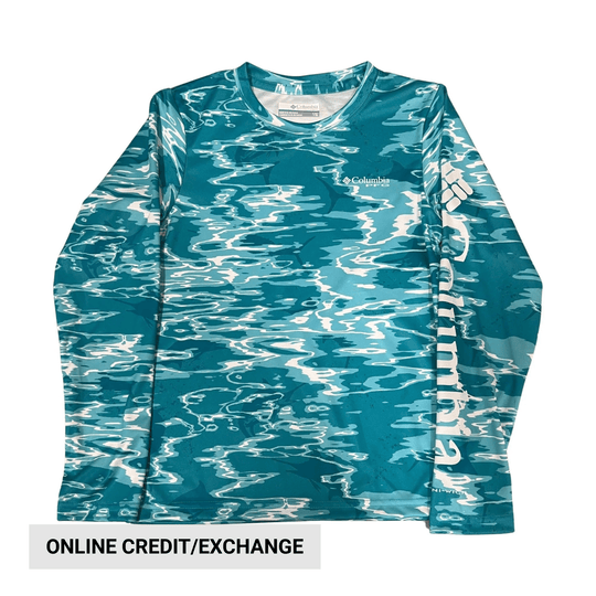 Blue patterned long-sleeve shirt with Columbia logo and "ONLINE CREDIT/EXCHANGE" text