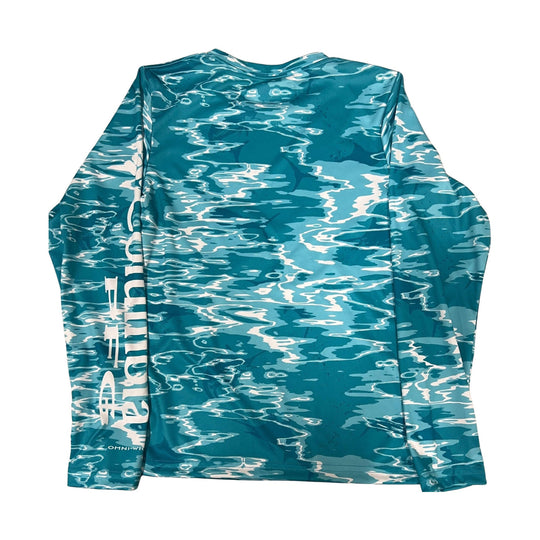 Blue long-sleeve fishing shirt with white wave pattern and Columbia logo text
