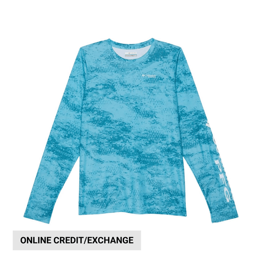 Blue patterned long-sleeve shirt with a small chest logo and large sleeve lettering