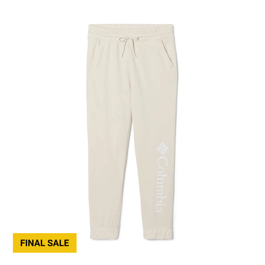 Cream jogger pants with drawstring waist and vertical Columbia logo, plus a yellow FINAL SALE tag