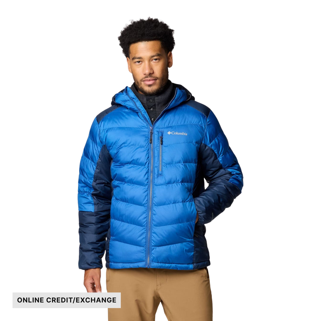 Blue and navy hooded puffer jacket with front zipper and chest logo