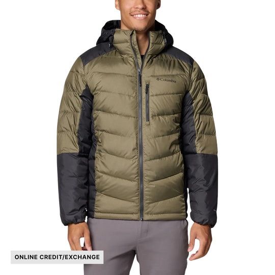 Olive and black hooded puffer jacket with front zipper and chest logo, with "ONLINE CREDIT/EXCHANGE" text