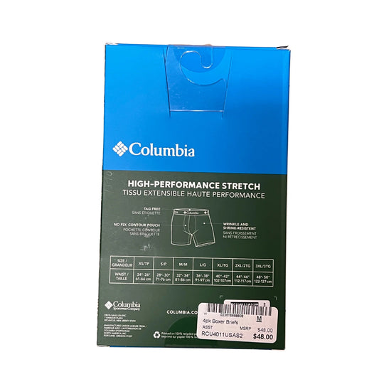 Columbia boxer briefs package with high-performance stretch and size chart