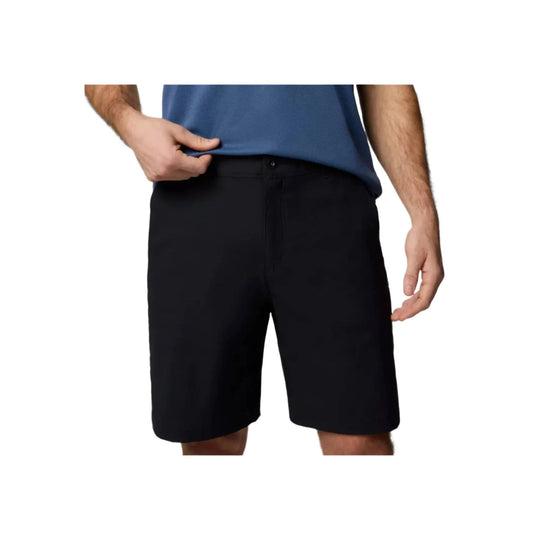 Black knee-length shorts with a button fly and side pockets