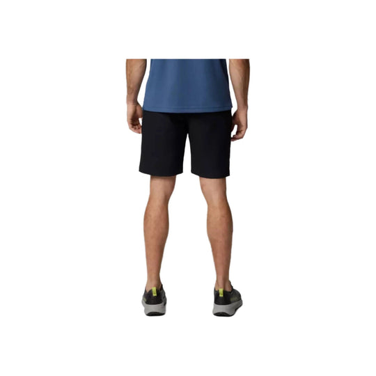 Black knee-length athletic shorts worn by a model from the back