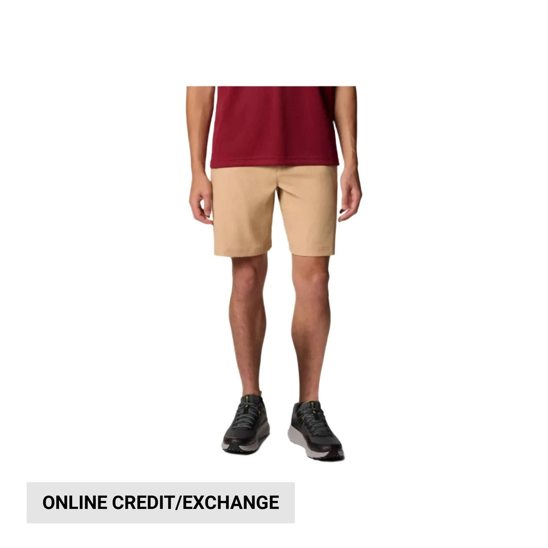 Beige chino shorts worn with a burgundy shirt and black sneakers, shown from the front