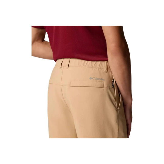 Tan chino shorts with back pockets and side zipper pocket, shown from the back