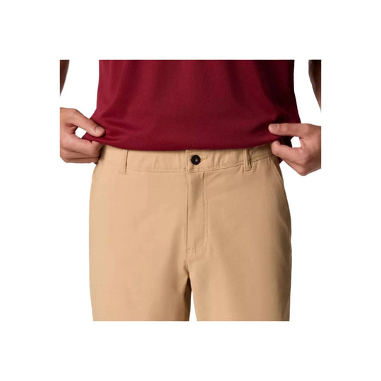 Tan chino shorts with a button waist and front fly detail, shown with a burgundy shirt tucked up