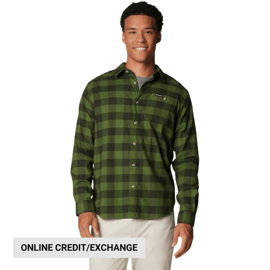 Green and black buffalo check button-up flannel shirt worn over a gray T-shirt, with online credit/exchange text overlay