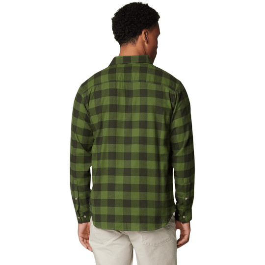 Green and black buffalo plaid long-sleeve button-up shirt shown from the back
