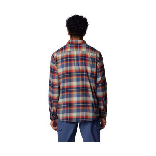 Plaid long-sleeve button-up shirt shown from the back, with blue, red, gray, and cream pattern