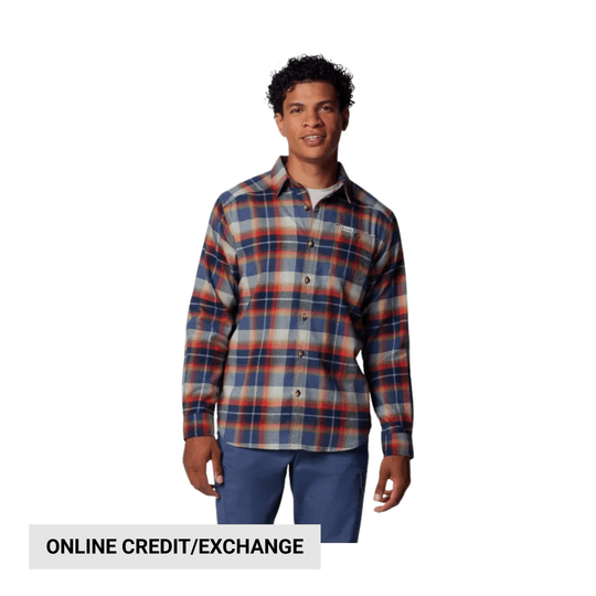 Plaid long-sleeve button-up shirt in navy, red, and gray worn over blue pants