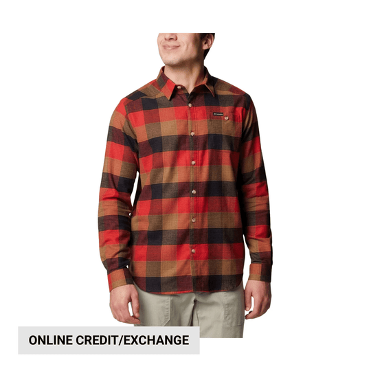 Plaid long-sleeve button-up shirt on a model with an "ONLINE CREDIT/EXCHANGE" banner