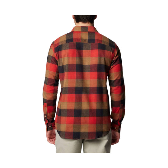 Back view of a red, brown, and black plaid long-sleeve button-up shirt