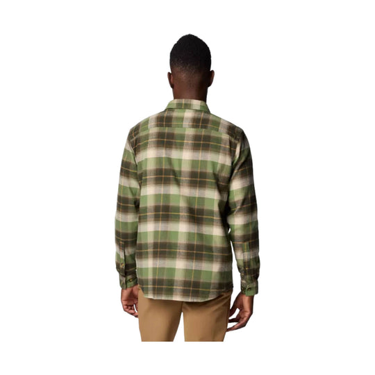 Green and brown plaid long-sleeve button-up shirt shown from the back