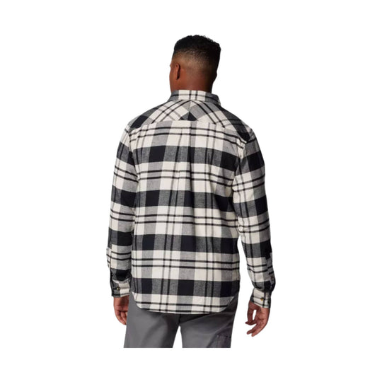 Black, white, and gray plaid long-sleeve button-up flannel shirt shown from the back