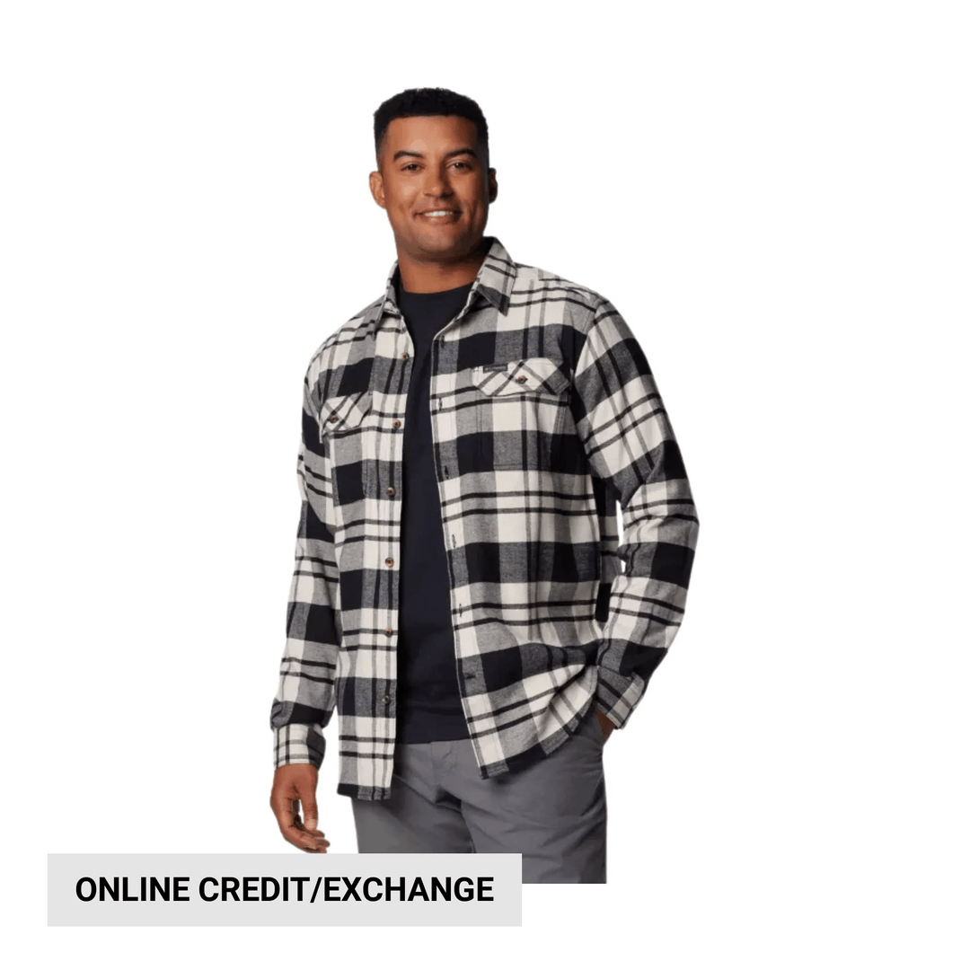 Black-and-white plaid button-up flannel shirt worn over a dark T-shirt