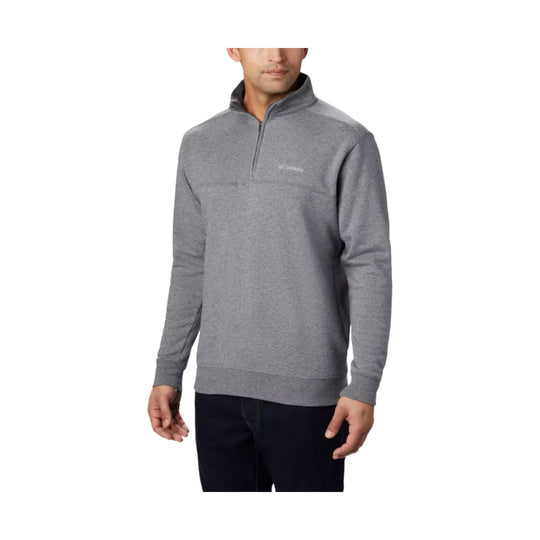 Gray quarter-zip pullover sweatshirt with a stand collar and small chest logo