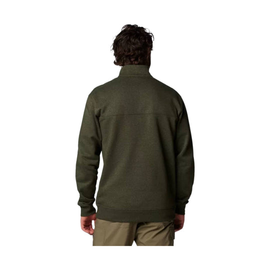 Olive green quarter-zip fleece sweatshirt shown from the back