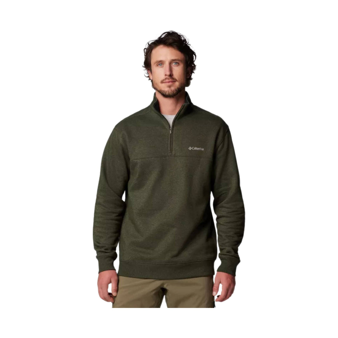 Olive green quarter-zip pullover sweatshirt with Columbia logo at chest