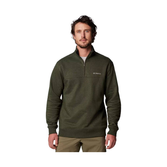 Olive green quarter-zip pullover sweatshirt with Columbia logo at chest